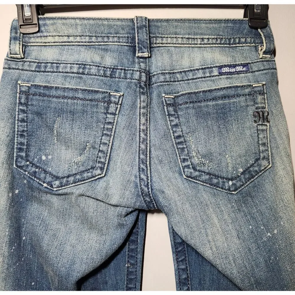 Miss Me Mid Rise Skinny Jeans Women's 26 Blue Denim Paint Splatter Distressed